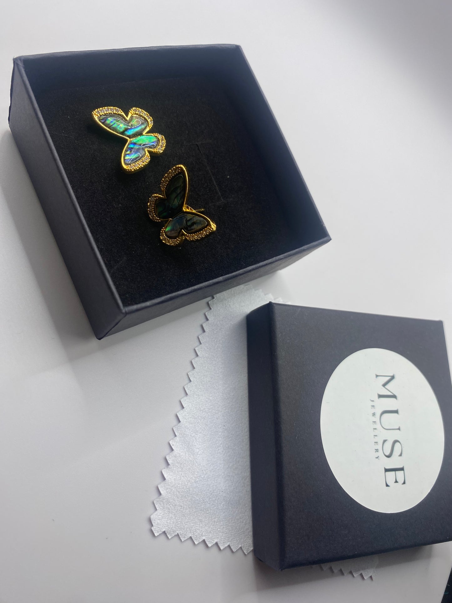 VIBRANT AOTEAROA PĀUA EARRINGS BUTTERFLY DESIGN 18K GOLD PLATED DIAMOND CUBIC ZIRCONIA