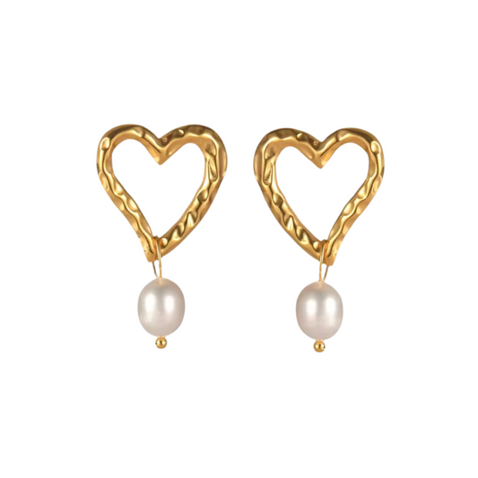 OLARA PEARL HEART EARRINGS - 18K GOLD PLATED