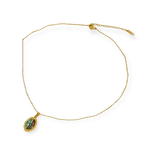 ADJUSTABLE VIBRANT AOTEAROA PĀUA NECKLACE OVAL DESIGN 18K GOLD PLATED