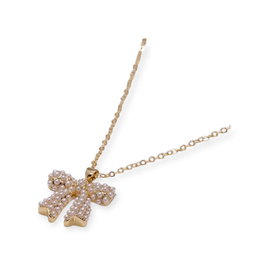 PEARL BOW NECKLACE - 18K GOLD PLATED CUBIC ZIRCONIA